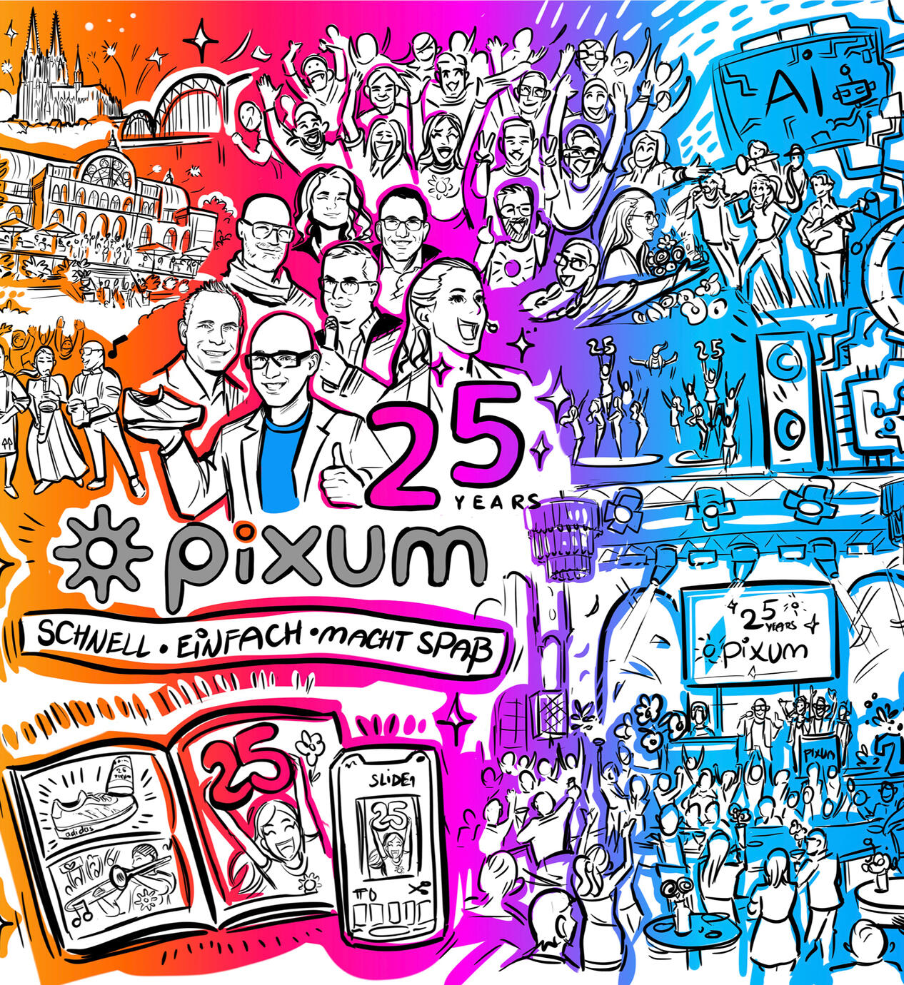 IT企業の創立25周年記念イベントをまとめたビジュアル記録。企業のコーポレートカラーを使用し、パーティーの重要な瞬間を凝縮。マキシム・シモネンコ作。