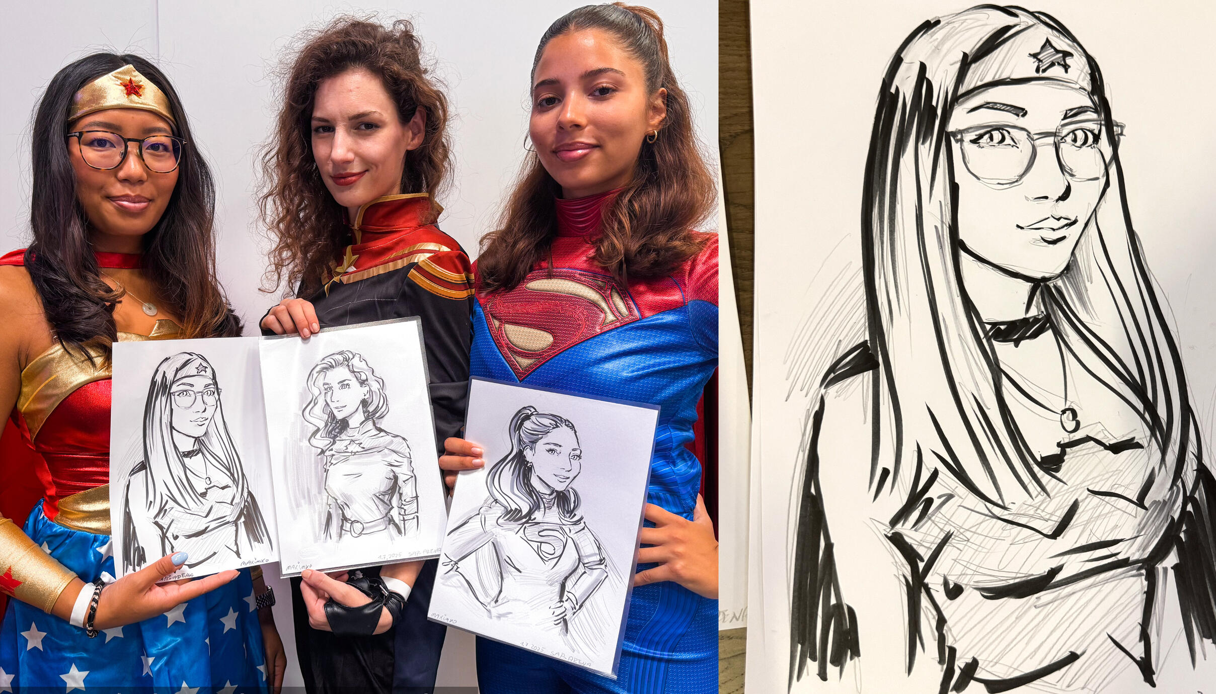 大型ゲームイベントでの手描き似顔絵実演。人気キャラクターのコスプレイヤーを伝統的なインク画で描き出し。マキシム・シモネンコ（Maxim Simonenko）作
