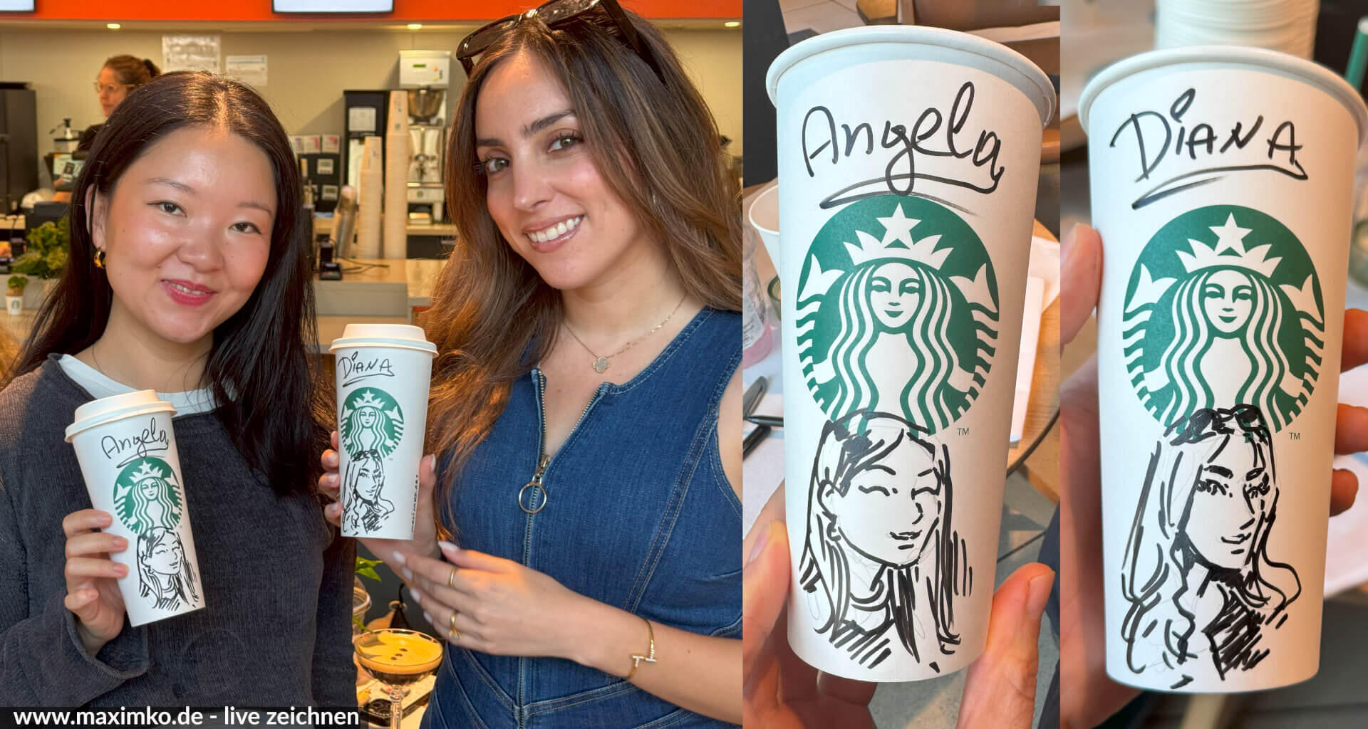 スターバックスでのライブ描画:特別な一杯を スターバックスのカップに描かれた似顔絵と一緒に笑顔を見せる二人の女性